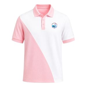 Polo à manches courtes blanc et rose à empiècements contrastants, col chemise, décontracté, uniforme, broderie personnalisée, vêtement de sport pour homme - Product Image 1
