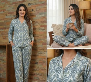 ชุดนอนผ้าฝ้ายทอลายพิมพ์ลายมือสองชิ้นสำหรับผู้หญิง พร้อมงานปักด้วยเครื่องจักร จากซัพพลายเออร์ในอินเดีย - Product Image 3