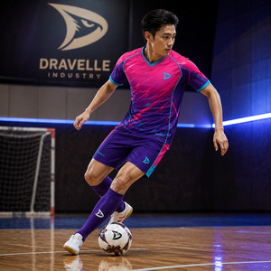 Conjunto de Fútbol Sala Personalizado con Degradado Vibrante Rosa y Morado, Camiseta de Fútbol con Cuello en V Sublimada y Pantalones Cortos, Uniforme Deportivo para Entrenamiento de Fútbol - Product Image 4