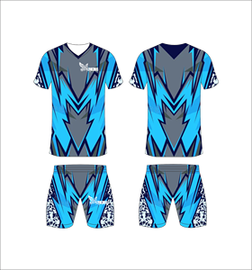 Conjunto de Camiseta de Fútbol Geométrica Azul Grisácea Sublimada, Cuello en V, Manga Corta, Absorbe la Humedad, Unisex, Corte Atlético para Adultos - Product Image 1