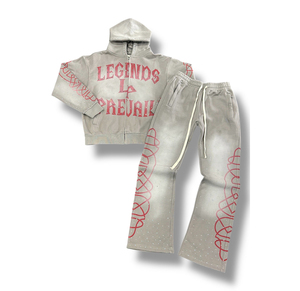Streetwear Heavy Cotton Vintage Washed Rhinestone Screen Print <b>Zip</b> up Hoodie and Flared Baggy Drawstring Sweatpants Sets - Product Image 1
