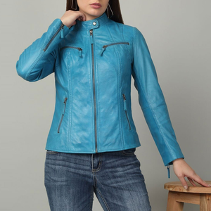 Chaqueta de Motociclista de Piel de Oveja Genuina Azul para Mujer, de Alta Calidad, con Cuello Alto y Cierre de Cremallera - Product Image 5