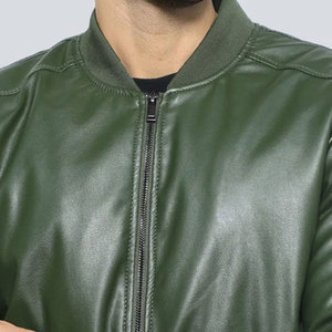 Chaqueta Bomber de Cuero PU Verde para Hombre, Cuello Camisero, Cierre de Cremallera, Estilo Casual para Otoño - Product Image 4