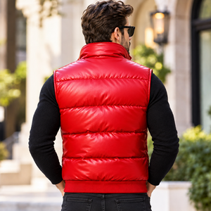 Men's Casual Leather Puffer <b>Vest</b> with Front Zipper | Chaleco Acolchado Casual de Cuero para Hombre con Cremallera Delantera - Product Image 6