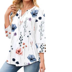 เสื้อเชิ้ตชีฟองผู้หญิงลายใบไม้สีน้ำเงินขาวทันสมัย แขน 3/4 คอวี เหมาะสำหรับใส่ทำงานประจำวัน - Product Image 3