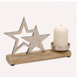 Handmade Christmas Aluminum Double Star Candle Holder With Mango Wood Base Elegant Silver Metal <b>Tea</b> Light <b>Stand</b> Centerpiece - Product Image 3