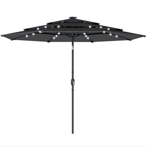 Ombrellone da Esterno a 3 Livelli con Manovella Inclinabile, Nero, 9.7 Piedi, con Luci LED Solari e Base per Ombrellone da Tavolo - Product Image 1