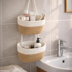 Cestas colgantes de macramé de dos niveles, ideales para organizar artículos diarios y como almacenamiento de pared funcional que ahorra espacio, procedentes de la India. - Product Image 4