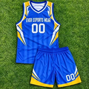 Custom Sublimated Blue <b>Yellow</b> <b>Men</b> Basketball Uniform Set Sleeveless V Neck Jersey <b>Shorts</b> Team Number Sportswear - Product Image 3