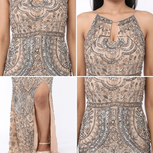 Vestido de Noche de Sirena Moderno y Lujoso con Lentejuelas Bordadas en Color Champán para Mujer |   Cuello halter con espalda en V profunda y sin mangas |   Fiesta Formal - Product Image 4