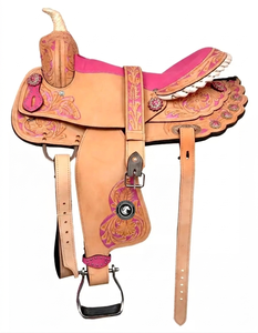 Selle de cheval en cuir Western 2026 avec décorations florales roses et ferrures en laiton pour usage équestre - Product Image 1