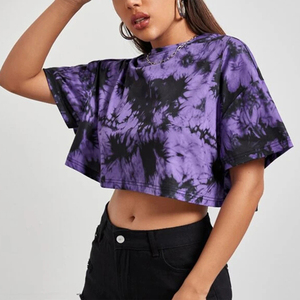INDEX APPAREL Women's Purple Tie Dye Crop <b>Top</b> Crew Neck Short Sleeve Loose Fit Casual T-Shirt Spring Summer Wear - Product Image 3