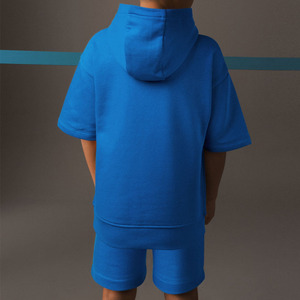 Conjunto de Sudadera con Capucha y Pantalones Cortos Azules para Bebés, Color Sólido, Informal, Verano, 2 Piezas, Sudadera de Manga Corta, Pantalones Deportivos - Product Image 5