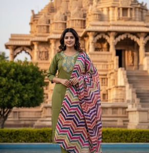Slub Embroidered <b>Indian</b> Pakistani Set <b>Kurta</b> Pant Dupatta Women Ethnic Outfit Casual Recycled Materials All Seasons Ready to Wear - Product Image 1