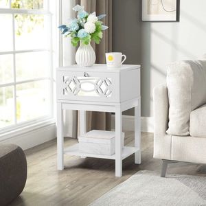 Mesita de noche individual tallada blanca FCH, tablero de densidad de 40*35*56 cm con espejo ahumado y pintura en aerosol, 2 mesitas de noche - Product Image 1