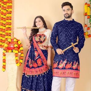 Latest Navratri Couple Collection Premium Lehenga Choli And <b>Men</b> Muslin Cotton <b>Kurta</b> Pant Wholesale Rate By Royal Exports - Product Image 1