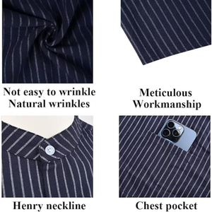 Men’s Linen Cotton <b>Banded</b> <b>Collar</b> <b>Shirt</b>, Striped Mandarin <b>Collar</b> Long Sleeve Button Down Collarless Casual <b>Shirt</b> - Product Image 5