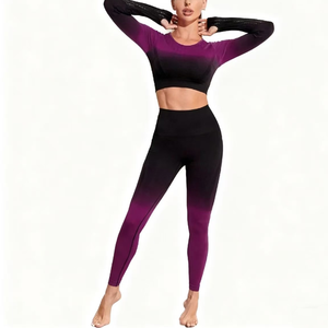 Conjunto de Yoga para Mujer, Diseño a Cuadros, Secado Rápido, Color Degradado, Leggings Largos, Top Corto con Cuello Redondo, Manga Larga, Cintura Alta, 2 Piezas - Product Image 1