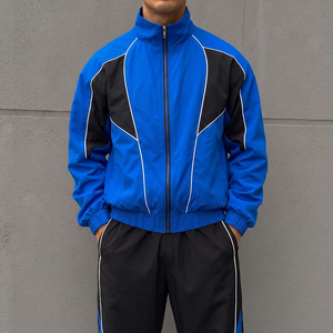 Men's Blue <b>Wind</b> <b>Breaker</b> Set Solid Color Knitted Polyester Sporty Autumn Wear Stand Collar Breathable Jogging Pants and Jacket - Product Image 5