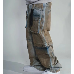 Jeans para Hombre DS, Color Amarillo Sucio, Lavado Desgastado, Estilo Cargo con Múltiples Bolsillos, Corte Holgado, Estilo Hip Hop, Pantalones Casuales para Hombre - Product Image 2