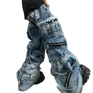 DIZNEW جينز رجالي من صانعي القطع الأصلية ملابس خاصة أزرق مقاس كبير جينز هيب هوب مغلف بنطال طويل وبنطلون بخياطة ثقيلة