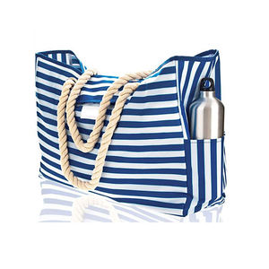 <b>Large</b> Capacity Nautical Canvas <b>Beach</b> Tote <b>Bag</b> with Rope Handles Blue Striped Reusable Shopping Handbag for Women - Product Image 1