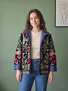 Handcrafted <b>Velvet</b> Quilted <b>Jacket</b> Artisanal Brown Winter Intricate Floral Embroidery Striped Cuffs Classic Breathable - Product Image 3