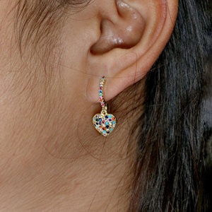 Wholesale 925 <b>Solid</b> Sterling <b>Silver</b> Gold Plated Multicolor CZ Pave Heart Charm Huggie Hoop <b>Earrings</b> Fine Jewelry Memoria Jewels - Product Image 6