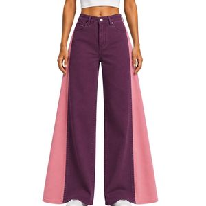 Jean large pour femme violet et rose, taille haute, en denim bicolore, style décontracté streetwear, pantalon tendance coupe ample - Product Image 1