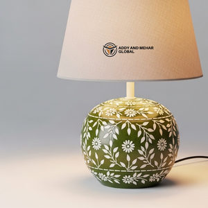 Handmade Round Green Floral Bone Inlay <b>Table</b> <b>Lantern</b> with Fabric Shade – Decorative Bedside Nightstand <b>Lamp</b> for Living Room - Product Image 3