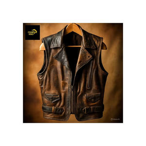 เสื้อกั๊กหนังแท้สีดำสำหรับผู้ชาย Champ King ทำมือ ระบายอากาศได้ดี น้ำหนัก 360 กรัม เหมาะสำหรับฤดูหนาว สไตล์คาวบอย ไบค์เกอร์ คอตั้ง - Product Image 1