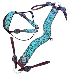 Conjunto de Silla de Montar Inglesa de Cuero Genuino con Estampado Floral Turquesa, Ligera, Incluye Cabezada para Montar en Temporada - Product Image 2