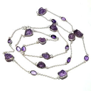 Collar de Cadena Largo de Plata de Ley con Amatista Natural, Hecho a Mano, Estilo Bohemio, Certificado por Terceros, con Cristal de Destaque - Product Image 1