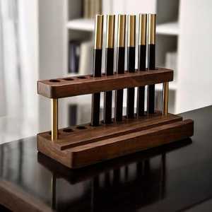 Wooden Single Tier <b>Pen</b> <b>Holder</b> <b>Desk</b> Organizer Brass Accents Rectangle Shape Handmade Minimalist Multi-Purpose Storage Rack <b>for</b> - Product Image 5