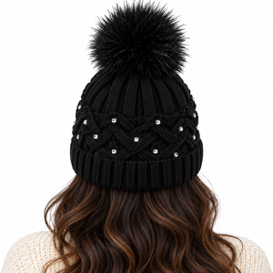 Bonnet d'hiver en tricot torsadé noir avec pompon et strass, logo brodé personnalisé, pour femme, casquette tendance, fournisseur B2B en gros - Product Image 2