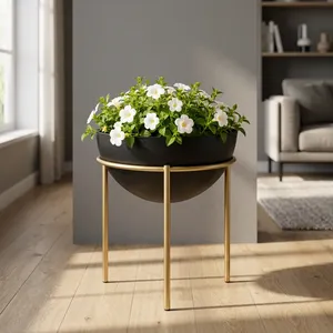 Maceta Moderna de Metal Negro con Elegante Soporte Dorado, Maceta Redonda Contemporánea, Minimalista, para Interiores, Exteriores, Jardín y Hogar - Product Image 6