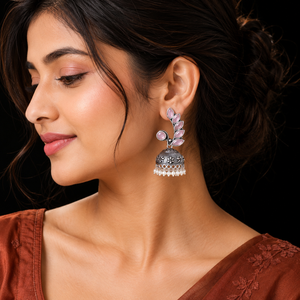 Rose Quartz Marquise Oxidized <b>Silver</b> indian <b>Dangle</b> Jhumka <b>Earrings</b> for Women | Premium Quality | Hot Selling Ready Stock - Product Image 3