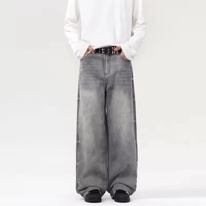 Factory Customization Men's Loose <b>Plain</b>-color Custom-logo Jeans, Retro Style, <b>Large</b> Size Denim Pants - Product Image 3
