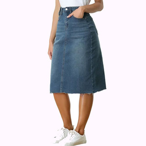 Jupe crayon en jean pour femme, longueur genou, couleur unie, style décontracté avec poches, taille normale, tissu tissé extensible en coton pour l'été - Product Image 3