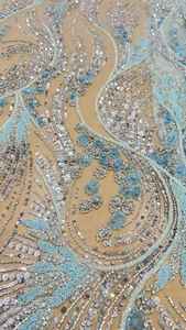 Tela con Cuentas Amarillas con Patrón de Hojas y Plumas, con Lentejuelas y Perlas Bordadas, Malla de Encaje para Diseño de Moda de Pasarela, Manualidades - Product Image 5