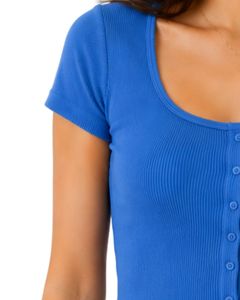 Top Corto de Punto Acanalado Azul Rey Personalizado para Mujer, Manga Corta, Cierre de Botones Delanteros, Corte Ajustado, Cuello Cuadrado, Blusa Informal de Verano de Algodón - Product Image 3