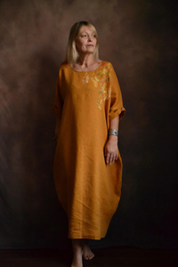 Hand-Painted Mustard Yellow Linen Kaftan Maxi Dress for Women Elegant Round Neckline and <b>Three</b>-Quarter Length Sleeves Long Gown - Product Image 2
