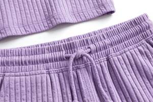 Women's Lavender Ribbed <b>2</b> <b>Piece</b> <b>Set</b> Short Sleeve O Neck <b>Top</b> <b>and</b> Lace Up Shorts - Product Image 6