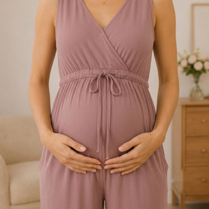 Pijama de Maternidad sin Mangas con Cuello en V, de Longitud Completa, Ajuste Holgado, Suave, de Poliéster y Spandex, Transpirable para Verano, Ropa de Dormir para Mujer - Product Image 3