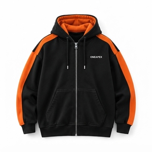 Custom Black <b>Orange</b> Full Zip Hoodie Contrast Panel Sleeves Oversized Streetwear Hooded <b>Sweatshirt</b> - Product Image 1
