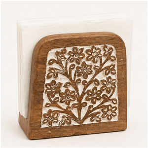 Premium Handcrafted Wooden Napkin <b>Holder</b> With White Floral Inlay Design Rustic Mango Wood <b>Tissue</b> Stand For Dining Table <b>Kitchen</b> - Product Image 1