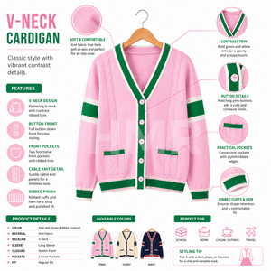 Cardigan en tricot contrastant rose et vert pour femmes de la sororité HMR, vêtements d'université et de collège, pulls chauds - Product Image 6
