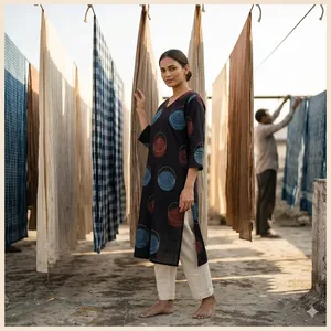 Kurti en coton imprimé pour femmes, noir, col en V, manches trois quarts, coupe droite, tunique ethnique décontractée, tenue confortable pour tous les jours - Product Image 6