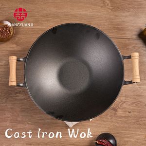 WANGYUANJI Wok Classico Grande in Ghisa con Manici in Legno 36 cm, Padella Commerciale a Doppio Manico per Uso Domestico e Professionale - Product Image 2