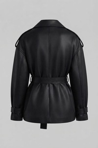 Black Plus Size Faux <b>Leather</b> Belted <b>Jacket</b> Peaked Lapel <b>Long</b> Sleeve Waist Cinch Outerwear - Product Image 6